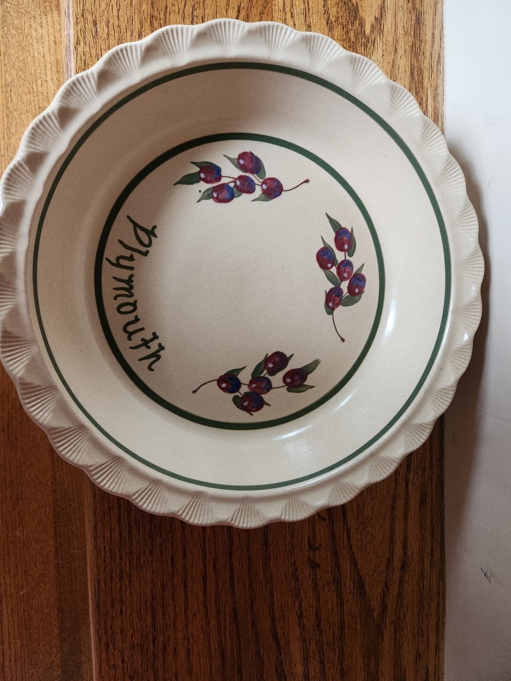 Vintage Plymouth, MA Ceramic Pie Plate, Cream with Green Trim & Cranberry Accent